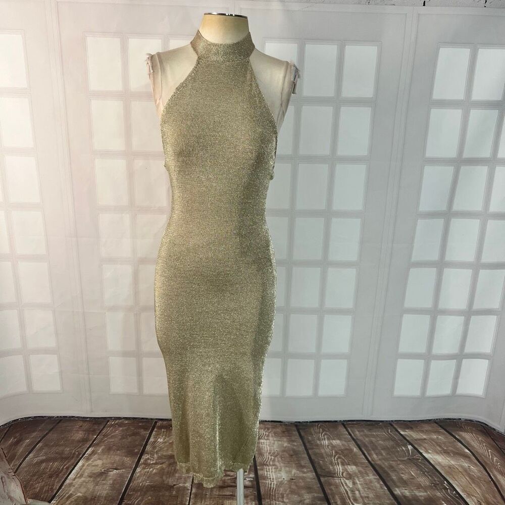 Capsulle Gold Metallic Halter Open Back Sleeveless Midi Bodycon Dress Large